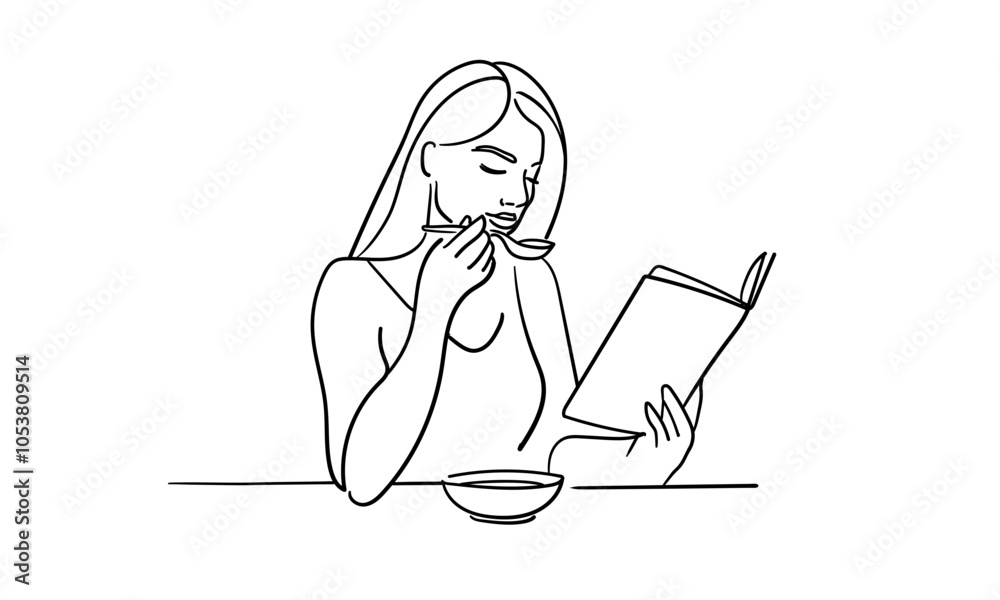 Girl read book and eating continuous line art drawing isolated on white background. Beautiful lady outline. Vector illustration Girl read book and eating continuous line art drawing isolated on white background. Beautiful lady outline. Vector illustration