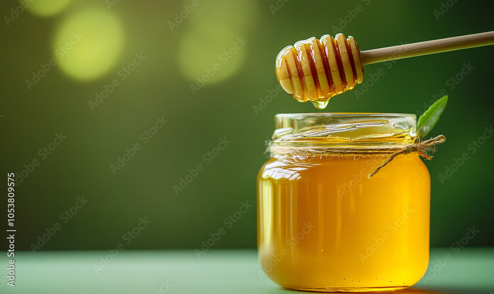 photograph of a jar of golden honey with a honey dipper. clean green background. photograph of a jar of golden honey with a honey dipper. clean green background.