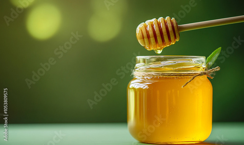 photograph of a jar of golden honey with a honey dipper. clean green background.