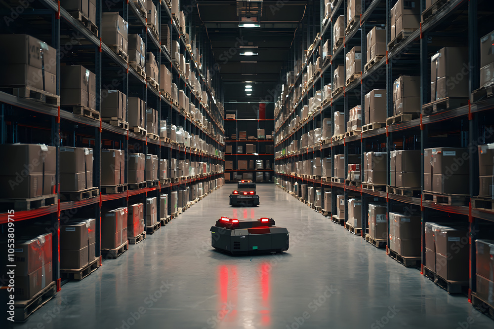 A robotic device navigates through a warehouse filled with neatly ...