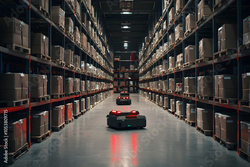 A robotic device navigates through a warehouse filled with neatly stacked boxes on shelves, showcasing modern automation in logistics.