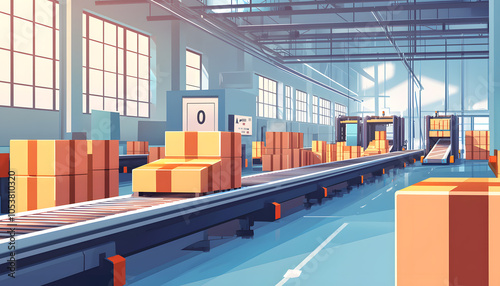 A modern warehouse interior with sorting conveyor belts, large windows, and stacked cardboard boxes in an organized layout.
