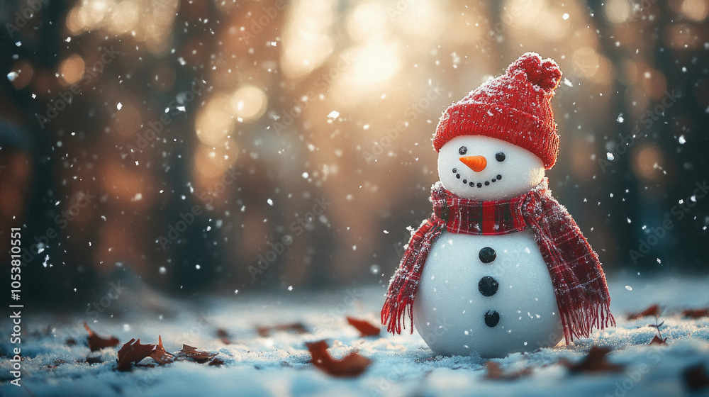 Fototapeta premium A snowman with a red hat and scarf stands in the snow. The snowman is smiling, and the scene is bright and cheerful
