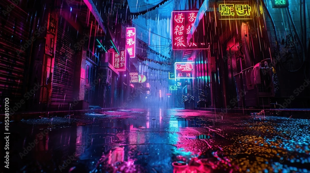 A cyberpunk alleyway raining A cyberpunk alleyway raining