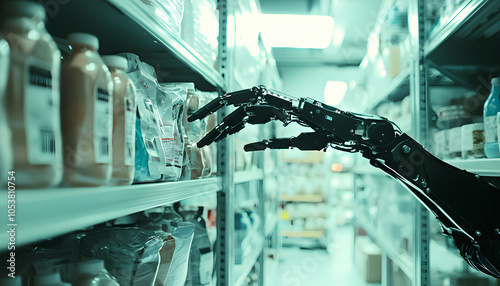A robotic hand reaching for bottles on a grocery store shelf, showcasing the intersection of technology and everyday life.
