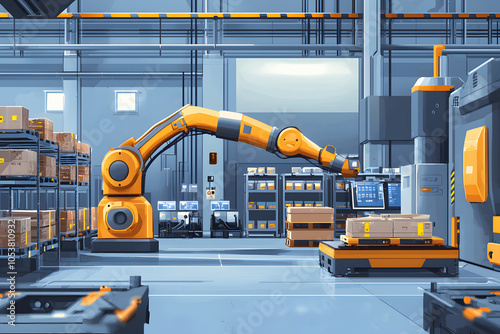 A high-tech warehouse featuring an orange robotic arm, packaging goods amidst shelves filled with boxes, showcasing modern automation and efficiency.