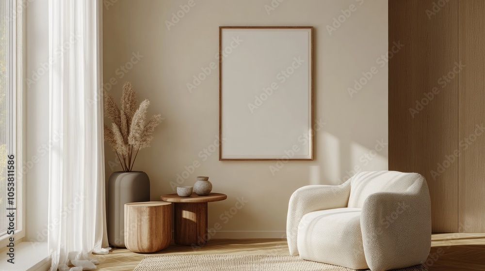 Fototapeta premium Chic arrangement featuring a poster in a brown frame alongside minimalistic decor elements