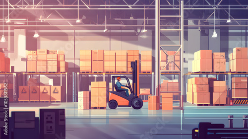 A colorful illustration of a forklift navigating through a warehouse filled with stacked boxes and crates, showcasing an organized storage environment.