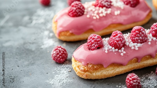 Tasty eclairs topped with pink glaze raspberry and sugar sprinkles on a gray backdrop with ample copy space