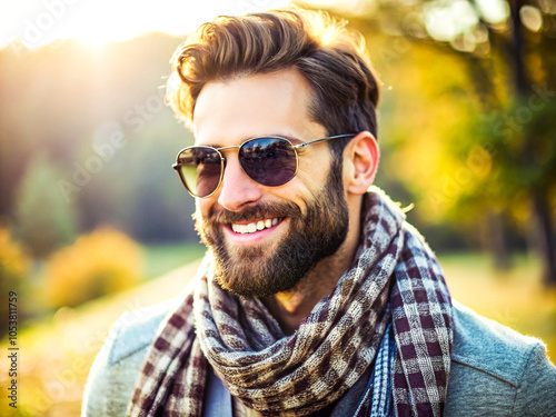Close-up of a handsome man with a well-groomed beard, wearing a fashionable scarf and sunglasses, smiling warmly with a blurred nature background