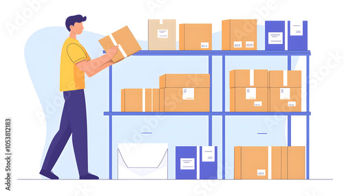 A worker organizes boxes on shelves in a storage area, illustrating inventory management and logistics.