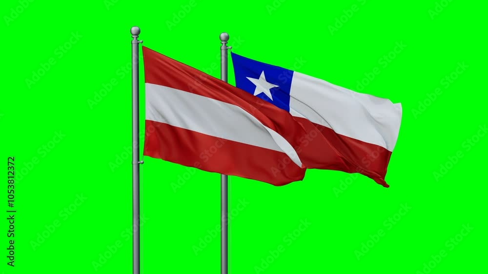 Chile and Austria flags flying together, video concept of the relationship with colored chroma key for easy background remove