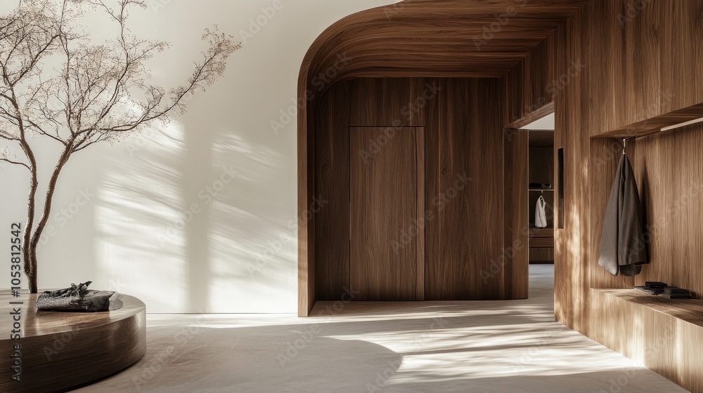 Chic entrance with a wooden dressing closet and doorway, set against a bright white wall, perfect for showcasing advertisements.