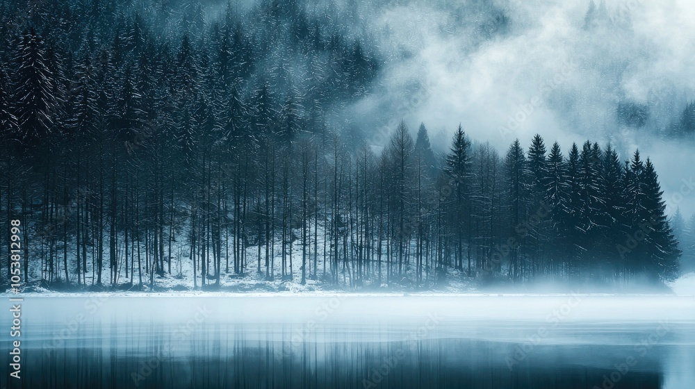 Fototapeta premium Through Leafless Trees Across Fog Covered Lake To Forest And Mountaiins Under Snow Beyond