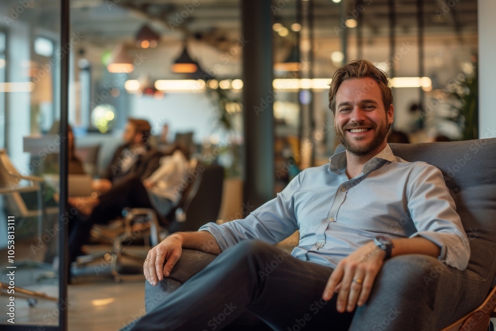 Portrait of a business man sitting in an office with his colleagues in the background. Happy business man working in a co-working office. Portrait of a business man sitting in an office with his colleagues in the background. Happy business man working in a co-working office.