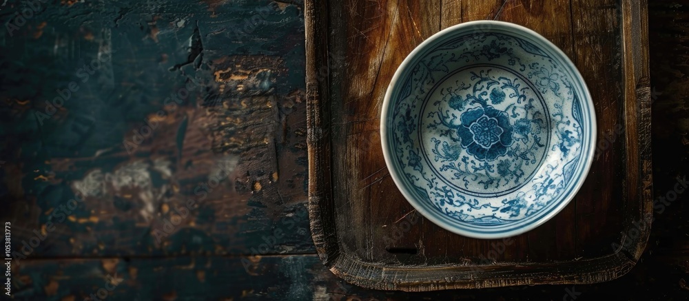 Rice Bowl Chinese Style Ancient Glazed Tile On Dark Background And Old Wooden Plate Selective Focus Still Life Image x000D x000D Rice Bowl Chinese Style Ancient Glazed Tile On Dark Background And Old Wooden Plate Selective Focus Still Life Image x000D x000D