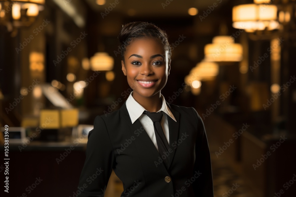 Fototapeta premium Portrait of a smiling black female hotel clerk