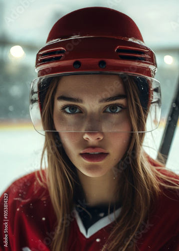 Confident woman hockey player in red uniform on ice rink