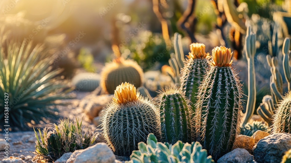 Close up of various cacti set against a backdrop of arid landscape with intense heat Close up of various cacti set against a backdrop of arid landscape with intense heat