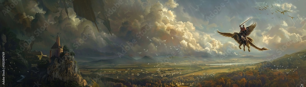 Obraz premium A fantasy scene of a knight riding a griffin
