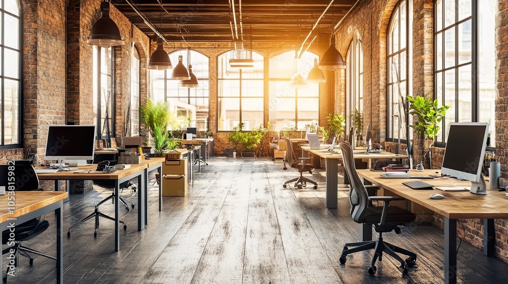 Fototapeta premium Bright, modern office with plants and natural light.