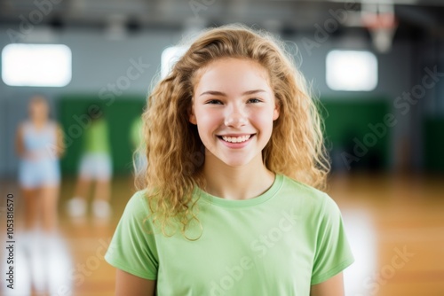 Smiling portrait of a female Caucasian teenage girl basketball player