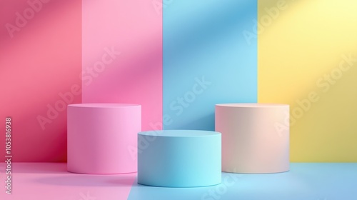 Colorful pastel rainbow stage design featuring a realistic cylindrical pedestal Ideal for minimal product display and showcase mockups