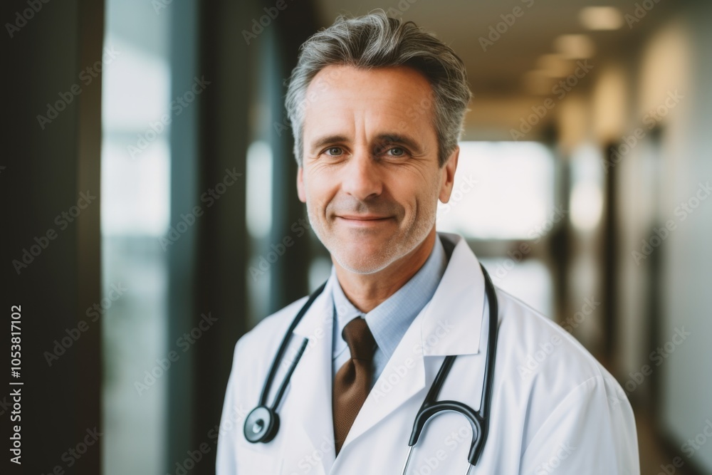 Smiling portrait of a middle aged Caucasian male doctor in hospital Smiling portrait of a middle aged Caucasian male doctor in hospital