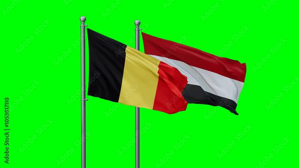 Yemen and Belgium flags flying together, video concept of the relationship with colored chroma key for easy background remove, two country cooperation concept Yemen and Belgium flags flying together, video concept of the relationship with colored chroma key for easy background remove, two country cooperation concept