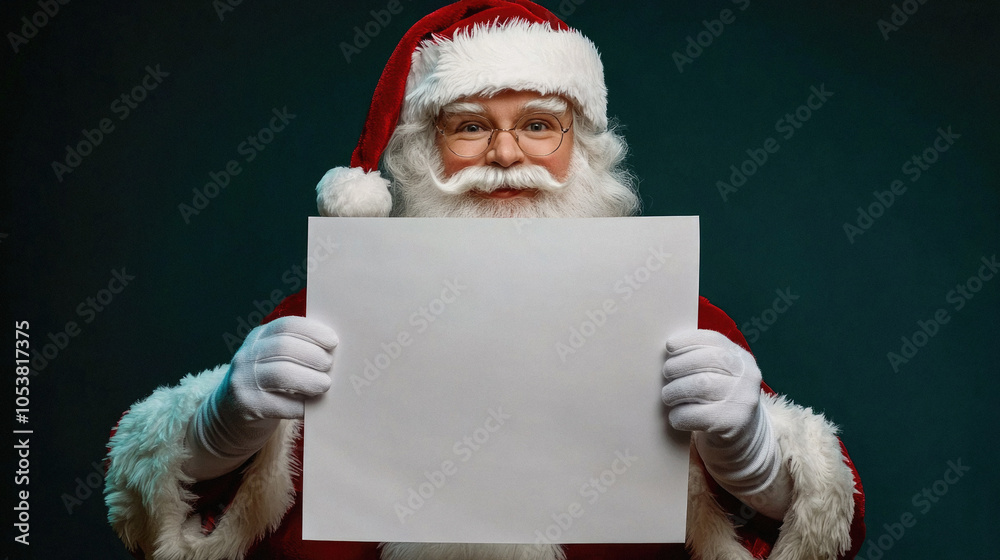 Naklejka premium A man in a red suit holding a blank piece of paper. He is smiling and he is a Santa Claus