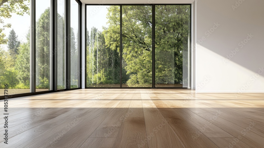 Fototapeta premium Spacious living room featuring large windows and a wooden plank floor with a white wall offering a mockup area for customizable text or designs