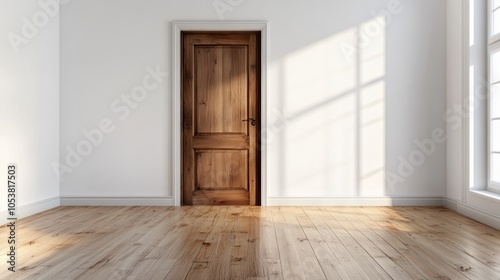 Minimalist room showcasing a wooden closet and doorway, with bright white walls creating a serene backdrop for copy.