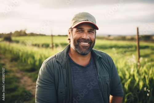Smiling portrait of a middle aged Caucasian male farmer on field