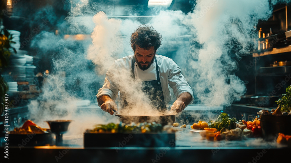 Obraz premium A chef is cooking in the kitchen, surrounded by smoke and various ingredients on the table.