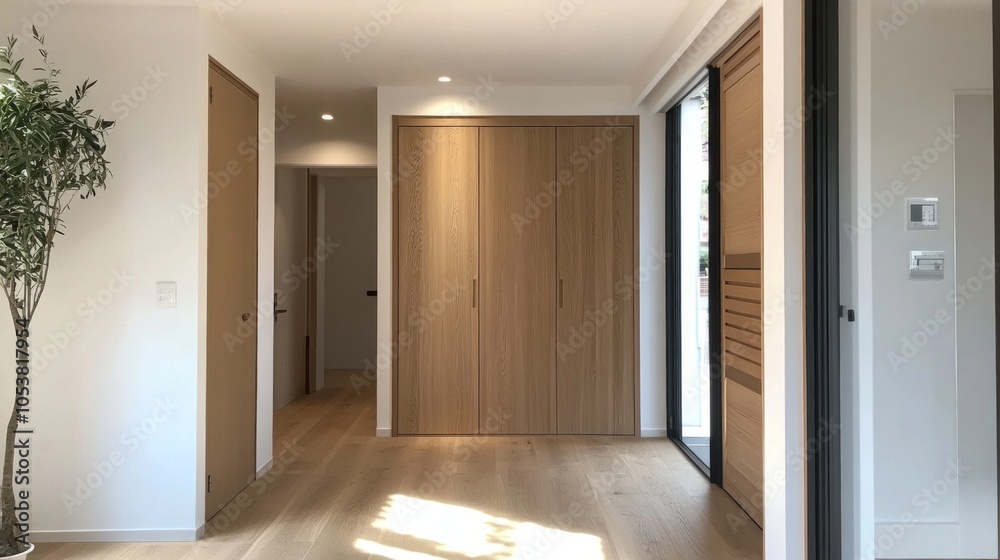 Obraz premium Modern entryway with a wooden closet and white walls, leaving a spacious area for ads or informative messages