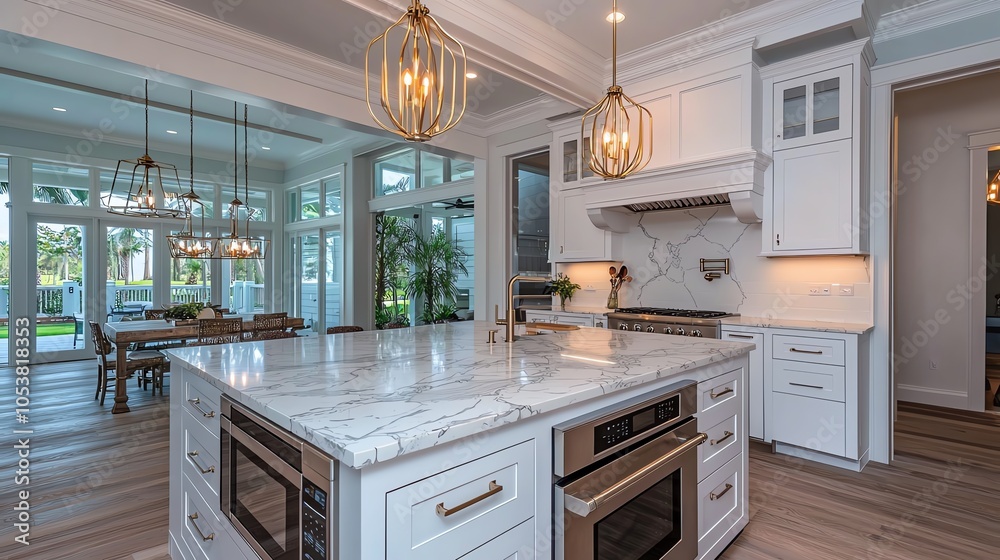 A modern kitchen with a marble island, stainless steel appliances, and elegant lighting, featuring large windows that offer a view of the outdoors. A modern kitchen with a marble island, stainless steel appliances, and elegant lighting, featuring large windows that offer a view of the outdoors.