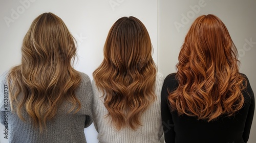 A stunning woman with elongated, lustrous, and wavy hair showcases skillful coloring and toning techniques. Her eye-catching shatush and balayage highlights enhance her natural curls photo