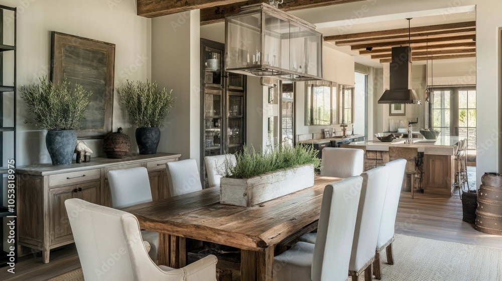 Obraz premium Modern rustic dining room with wood furniture and nature-inspired accents, delivering comfort and sophistication.