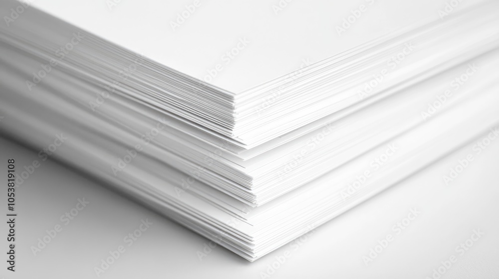 Stack of white papers for printing a representation of common office tasks Stack of white papers for printing a representation of common office tasks