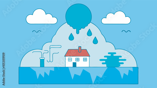 An illustration of a green house surrounded by nature and pollution. Represents environmental impact with melting mountains and polluted water.
