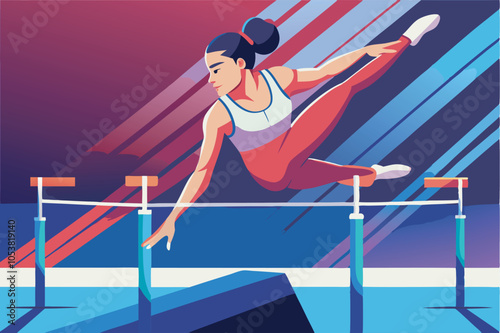 Female gymnast in red pants and white top mid-air, executing a gymnastic move with focus. Vibrant background adds energy to the scene.