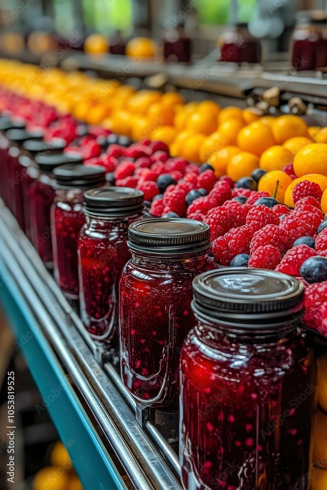 Jars of Raspberry and Blueberry Jam on a Conveyor Belt Jars of Raspberry and Blueberry Jam on a Conveyor Belt