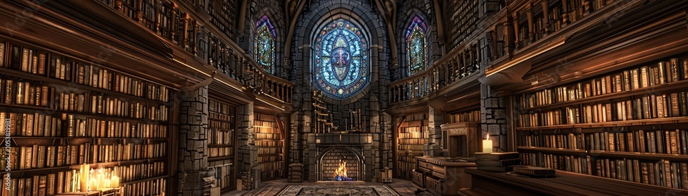 Obraz premium A grand library in a gothic castle with towering bookshelves