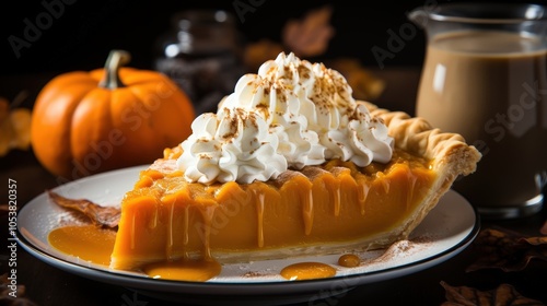 A single slice of pumpkin pie topped with whipped cream and dusted with cinnamon, served on a white plate with a pumpkin and a glass of coffee in the background.