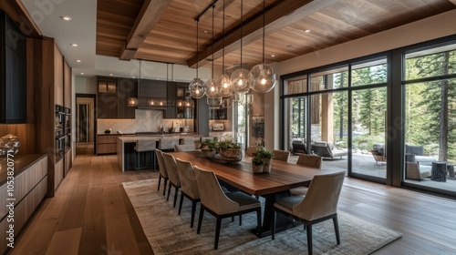 Wallpaper Mural Rustic meets modern in a luxurious dining room with warm wood tones, minimalist decor, and designer lighting. Torontodigital.ca