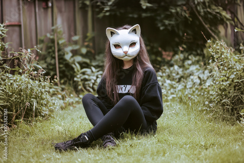 Girl wearing an animal mask, sitting on grass. She is wearing cat mascot costume, quadrober concept	 photo