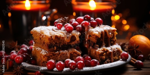 A Festive Dessert with Caramel Drizzle, Powdered Sugar, and Cranberries, Nestled Amongst Warm Candlelight and Spices