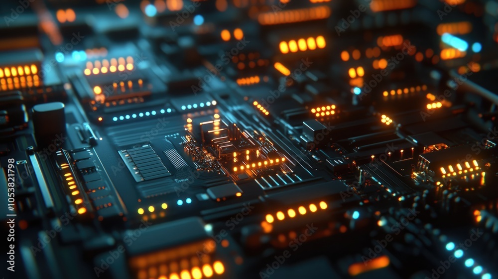 Futuristic banner featuring a digital circuit with illuminated microchips Futuristic banner featuring a digital circuit with illuminated microchips