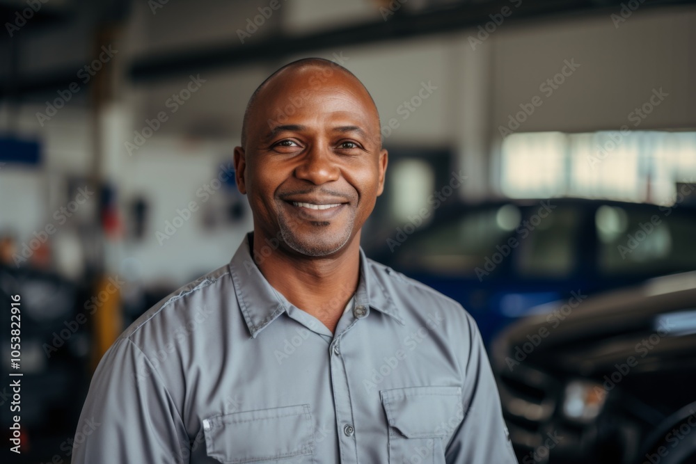 Obraz premium Portrait of a smiling middle aged African American car mechanic