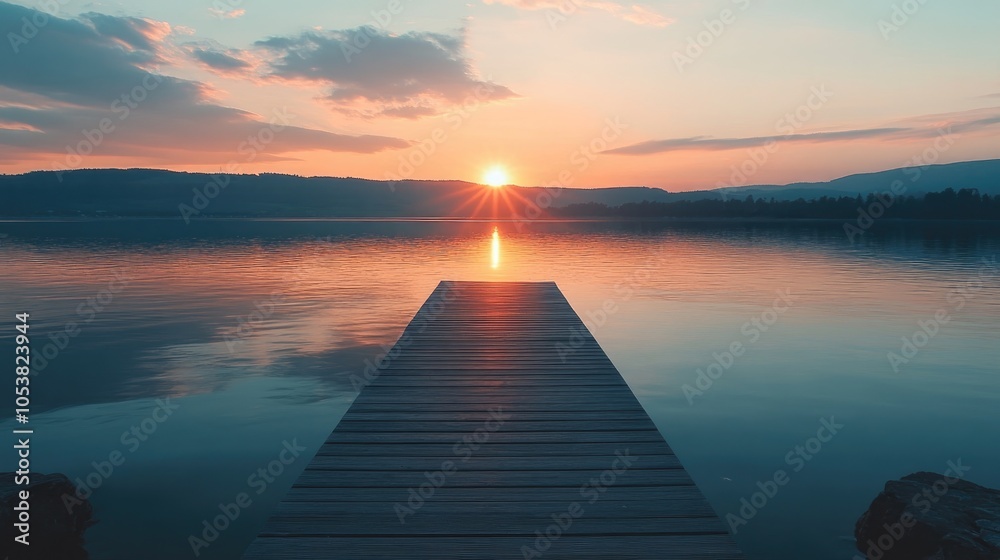 Obraz premium Tranquil Sunset View of a Wooden Dock Stretching Over Water